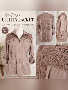 Blu Pepper | Lace Detail Utility Jacket Boho Military Style - Size Medium